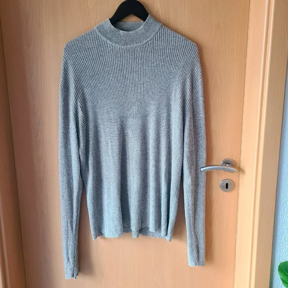 Perry Ellis Oatmeal Ribbed Knit Silk/Cotton Long Sleeve Mock Neck Sweater - XL - Picture 12 of 16